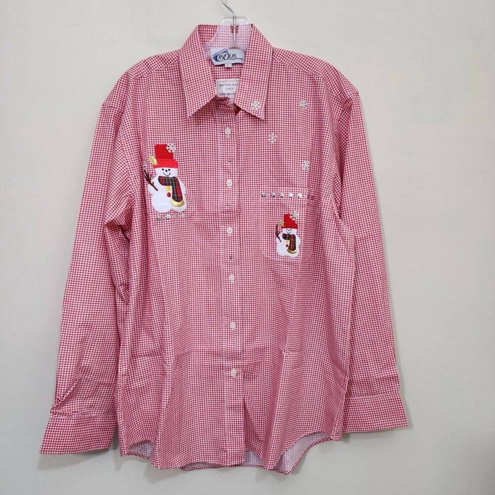Vintage NWOT‎ LasOlas gingham check snowman applique long sleeve button up shirt